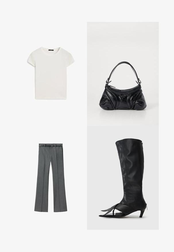 Biała koszulka z krótkim rękawem o okrągłym dekolcie, wykonana z miękkiej bawełny, charakteryzująca się gładką teksturą i prostym wzornictwem.; Szare dopasowane spodnie o prostym kroju, wykonane z lekkiego materiału, z szlufkami na pasek oraz wąskim paskiem z srebrną klamrą.; Czarne skórzane kozaki do kolan z odkrytymi palcami i piętami, z wysmukloną piętą i bocznym zamkiem błyskawicznym dla łatwego zakupu. Gładka tekstura i elegancki design.; Czarna torebka wykonana z teksturowanej skóry o zaokrąglonym kształcie. Posiada cienki pasek na ramię oraz zdobnicze wytłoczone wzory.
