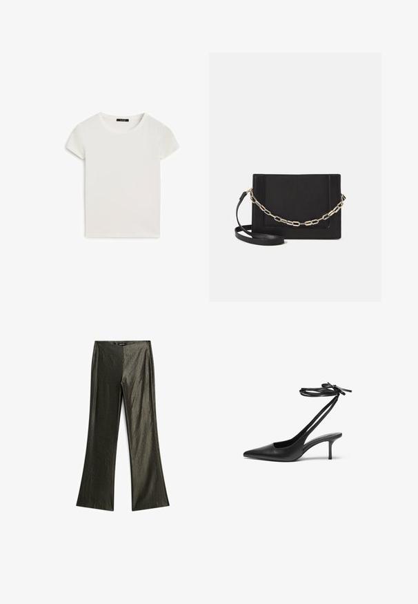 White short-sleeve t-shirt with a round neckline, crafted from soft cotton fabric, featuring a smooth texture and a simple design.; Dark green flared pants made of a shiny fabric, featuring a smooth texture and a zipper closure at the back.; Black leather stiletto shoe with a pointed toe, open back, and ankle straps tied in a bow. Slim 3-inch heel. Smooth texture, minimalist design.; Black leather crossbody bag featuring a smooth texture, rectangular shape, and a metallic chain detail on the front. Adjustable strap included.; Silver flower-shaped earrings with a textured finish, featuring long hooks and petal-like details for an intricate design.