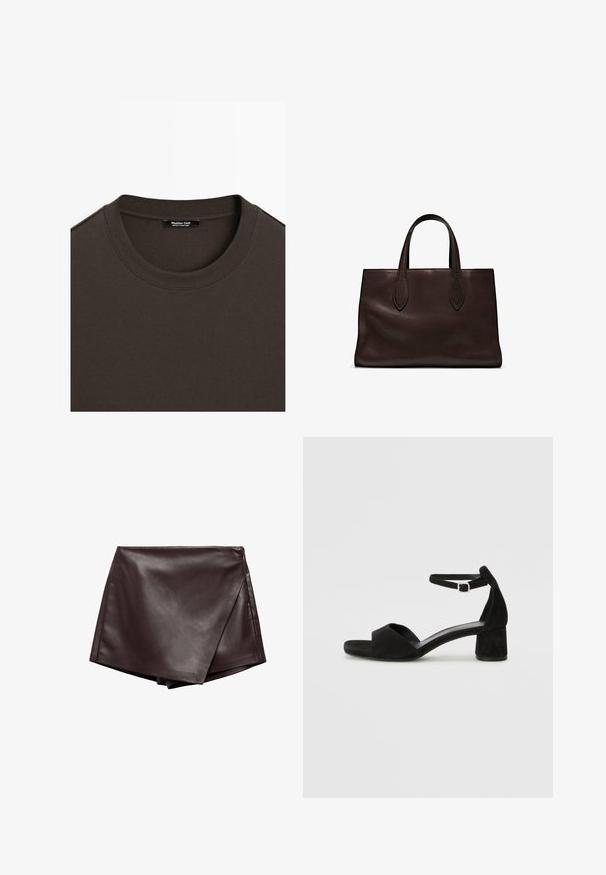 T-shirt a girocollo in cotone marrone con collo a coste. Presenta un'etichetta interna che indica "Massimo Dutti, Made in Portugal." Texture liscia.; Gonna avvolgente in finta pelle marrone con una finitura liscia e un taglio diagonale, caratterizzata da bordi puliti e una chiusura con zip laterale.; Sandali con tacco in suede nero, con una sottile fascia alla caviglia, design open toe e un discreto tacco a blocco. Texture liscia e decorazioni minime.; Borsa a spalla in pelle marrone con due manici lunghi, forma rettangolare strutturata, texture liscia e dettagli di cucitura sottili.