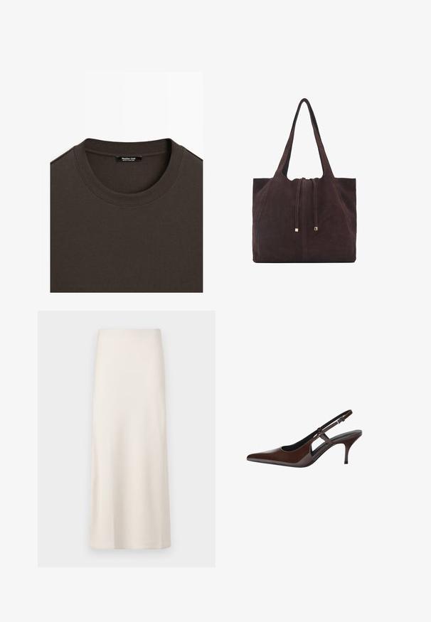 Brązowy bawełniany t-shirt z okrągłym dekoltem i ściągaczem. Wewnątrz znajduje się metka informująca "Massimo Dutti, Wyprodukowano w Portugalii." Gładka tekstura.; Kremowa spódnica midi o gładkiej, satynowej teksturze i prostym kroju. Bez widocznych wzorów ani ozdób.; Brązowe lakierowane sandały na słupku z ostrym noskiem, otwartymi wycięciami i cienkim obcasem. Posiadają regulowany pasek z klamrą.; Mango - Torba na zakupy