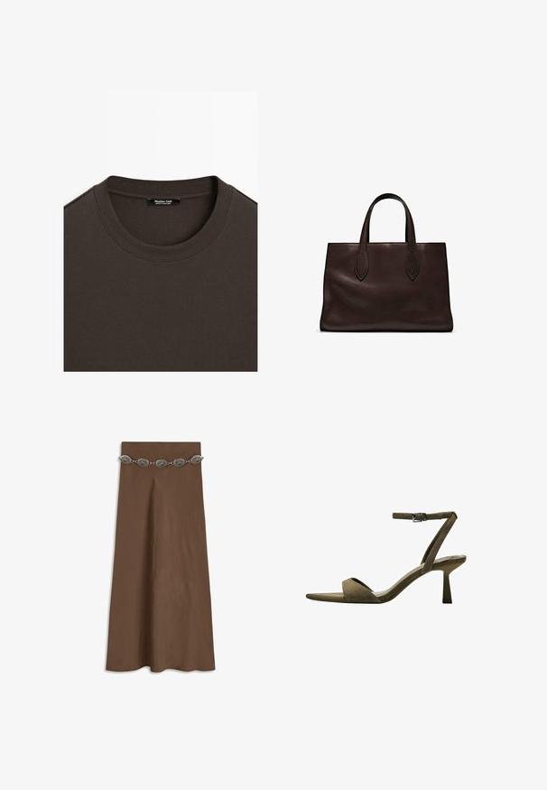 T-shirt en coton brun avec un col rond en côte. Étiquette à l'intérieur indiquant "Massimo Dutti, Fabriqué au Portugal." Texture lisse.; Jupe marron avec une texture lisse et une ceinture décorative à motif de feuilles argentées à la taille, s'évasant légèrement en silhouette A.; Bershka WITH ANKLE STRAP - Sandales - mottled green; Sac tote en cuir marron avec deux poignées allongées, forme rectangulaire structurée, texture lisse et détails de couture subtils.