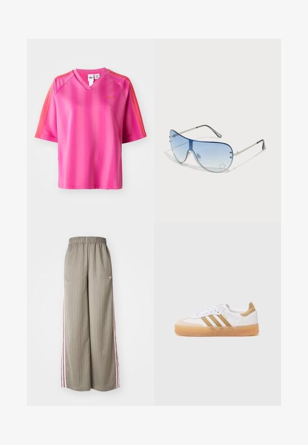 Roosa lühikeste varrukate ja V-kaelusega spordipolood, millel on vertikaalsed triibud ja oranžid aktsenttriibud õlgadel. Kuldne logo rinnal.; Heledad oliivrohelised laiad püksid vertikaalsete triipudega, elastse vöökohaga ja roosa külgtriibuga. Funktsiooniks on väike logo puusal.; Valge tennisekets, millel on beežid aktsendid, kolmerealine mustriga, ümar toe ja läbipaistev kummitald. Sile nahk ja tekstiilmaterjalid.; Aviatori prillid, millel on gradient sinine objektiiv, hõbedane metallraam ja dekoratiivsed staaraktsendid objektiivil. Sujuv ja stiilne disain.