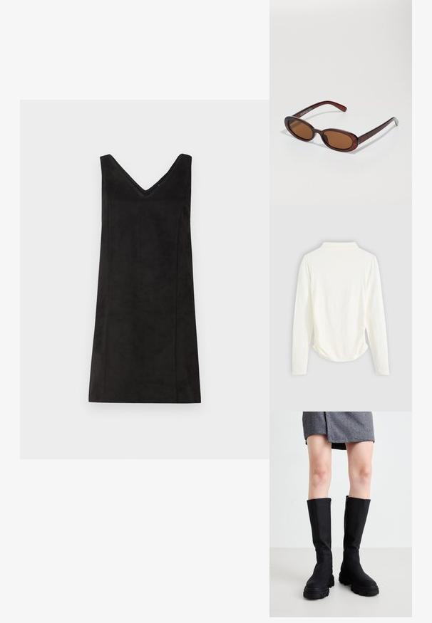 Pitkähihainen paita vaaleassa kankaassa, jossa on lievää kerääntymistä sivuilla ja klassinen kaulus. Sujuva rakenne, yksinkertainen muotoilu.; Musta hihaton mekko V-päällä, valmistettu pehmeästä materiaalista, jossa on suora leikkaus ja minimaalinen yksityiskohtaisuus. Sileä pinta.; Mustat polvipituiset saappaat, joissa on sileä pinta, paksut pohjat ja hillitty sivuvetoketju. Tyylikkäästi yhdistetty harmaaseen herringbone-hameeseen.; Pyöreät, ruskehtavat aurinkolasit, joissa on kiiltävä burgundinpunainen runko. Kapeat sivut, joissa on hienovarainen brändäys. Litteät linssit.
