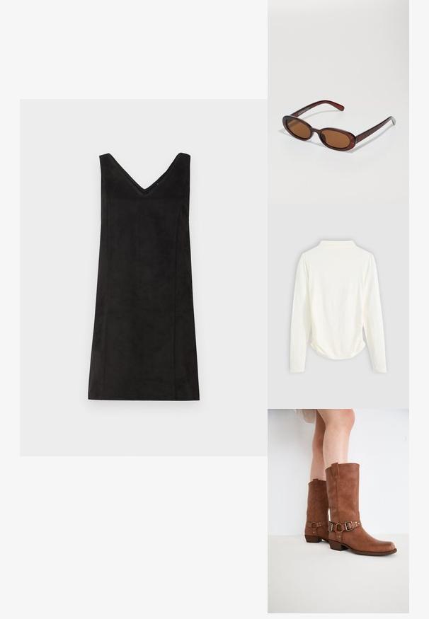 Dlhý rukáv top z krémového materiálu, so slabým zberom na bokoch a klasickým golierom. Hladká textura, jednoduchý dizajn.; Čierne bezrukávové šaty s výstrihom do V, vyrobené z mäkkého materiálu, s rovnými líniami a minimálnymi detailmi. Hladká textúra.; Hnedé kožené členkové topánky s mierne špicatou špičkou, dekoratívnymi prackami a nízkym vrstveným podpätkom. Hladká textúra s matným povrchom.; Okrúhle slnečné okuliare s hnedým nádychom a lesklým burgundským rámom. Úzke ramená s jemným brandovaním. Plochej šošovky dizajn.