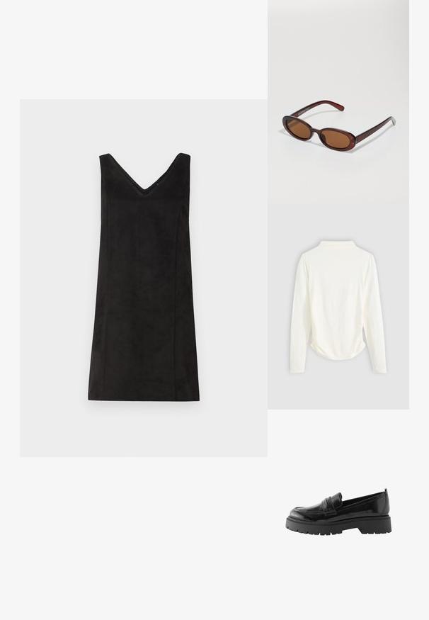 Langsleeve top in crème kleurige stof, met een lichte gathering aan de zijkanten en een klassieke kraag. Glad oppervlak, eenvoudig design.; Zwart mouwloos jurkje met een V-hals, gemaakt van een zacht materiaal, met een rechte snit en minimale details. Soepele textuur.; Zwarte lakleren loafers hebben een laag platformzool met een robuuste profiel en een gestikte detail over de middenvoet.; Ronde, bruin getinte zonnebril met een glanzend bordeauxrood frame. Slanke pootjes met subtiele merkdetails. Vlakke lensontwerp.