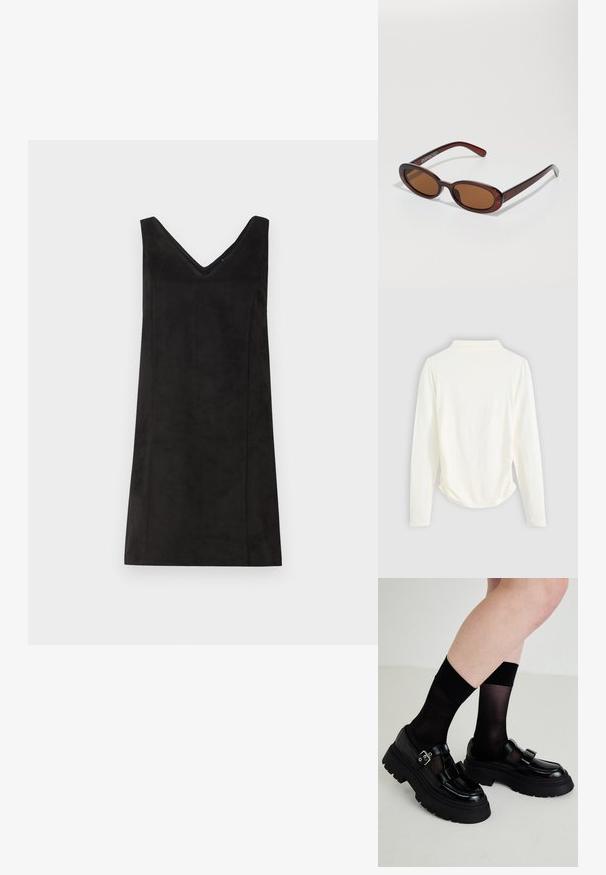 Dugi rukav s majicom od boje krem, s blagim nabráním sa strane i klasičnim ovratnikom. Glatka tekstura, jednostavan dizajn.; Crna haljina bez rukava s V-izrezom, izrađena od mekog materijala, s ravnim krojem i minimalnim detaljima. Glatka tekstura.; Crne lakirane cipele s debelim đonovima, dvije dekorativne trake i kopča, uparene s prozirnim crnim čarapama.; Okvir okruglih, smeđkastih sunčanih naočala s sjajnim burgundskim okvirom. Uski nositelji s suptilnim brendiranjem. Ravna leća.