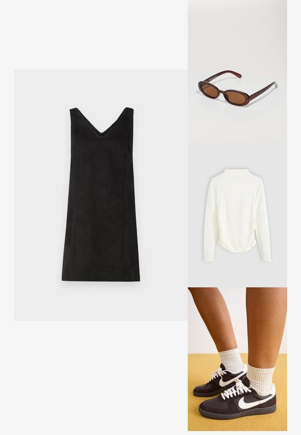 Hosszú ujjú felső krém színű anyagból, enyhe redőzéssel az oldalakon és klasszikus gallérral. Sima textúra, egyszerű kialakítás.; Fekete, ujjatlan ruha V-nyakkal, puha anyagból készült, egyenes szabású, minimalista részletekkel. Sima textúra.; Fekete-fehér Nike tornacipők velúrból és bőrből készült felsőrészével, fehér fűzővel, bordázott krém színű zoknival viselve, sárga háttér előtt.; Kerek, barna árnyalatú napszemüveg fényes burgundi kerettel. Karcsú karok diszkrét márkázással. Lapos lencse kialakítás.; Barna szőtt bőr kézitáska, amely laza, háromszög alakú. Fonott füllel és felső cipzárral rendelkezik.
