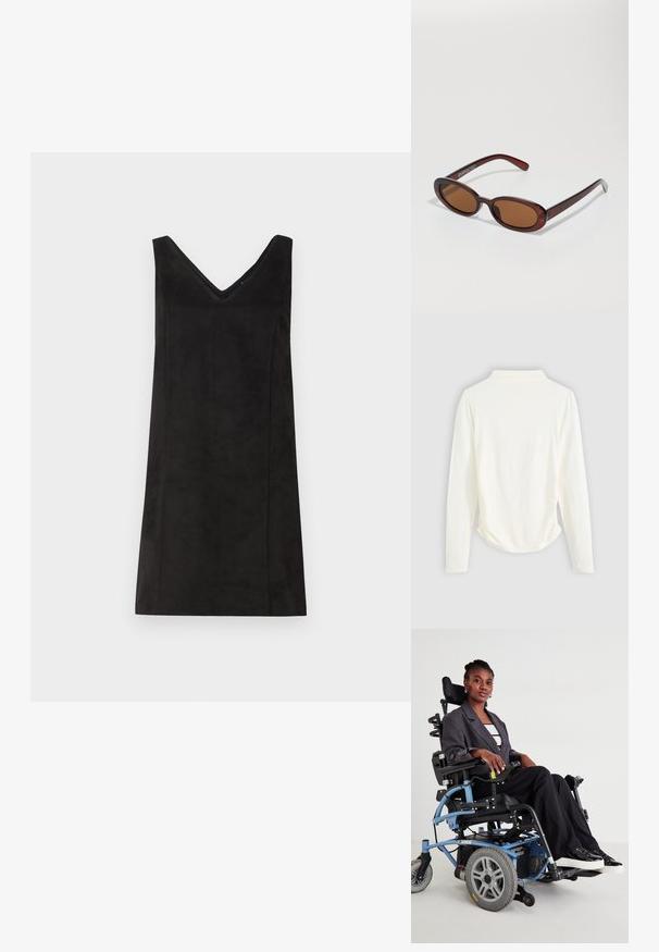 Ilgi piedurkņu tops krēmkrāsas audumā, ar nelielu savilkumu sānos un klasisku apkakli. Gluda tekstūra, vienkāršs dizains.; Melna bezdiega kleita ar V-veida kakla izgriezumu, izgatavota no mīkstas auduma, ar taisnu piegriezumu un minimālu detaļu skaitu. Gluda tekstūra.; Elektriskā ratiņkrēsla zils rāmis, melna sēdeklis un pelēki riteņi. Lietotājs valkā pelēku žaketi un melnus svītrainus bikses, sēžot pārliecinoši.; Apaļas, brūnīgi nokrāsotas saulesbrilles ar spīdīgu bordo rāmīti. Šauri kāti ar diskrētu zīmola detaļu. Plakana objektīva dizains.; Zelta tonizēti auskari komplekts, kurā ir trīs pāri: teksturēti ovālie studu auskari, viļņota dizaina studu auskari, un lieli gredzenu auskari ar slāņainām ribām.