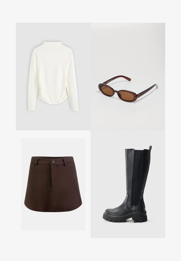 Langärmliges Oberteil aus cremefarbener Stoff, mit leichter Raffung an den Seiten und klassischem Kragen. Sanfte Textur, schlichtes Design.; OW Collection NATALIE - A-Linien-Rock - brown; Schwarze kniehohe Stiefel mit einem glatten Lederoberteil und kontrastierenden elastischen seitlichen Einsätzen. Chunky Gummisohle mit ausgeprägtem Profil.; Runde, braun getönte Sonnenbrillen mit einem glänzenden burgunderfarbenen Rahmen. Schlanke Bügel mit dezentem Branding. Flaches Linsendesign.; Geflochtene burgunderfarbene Lederhandtasche mit runder Form, dickem Griff und Reißverschlussöffnung. Sie zeichnet sich durch eine glatte Textur und ein geflochtenes Muster aus.