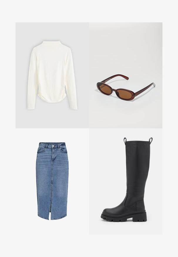 Halenka s dlouhým rukávem v krémové barvě, s mírným řasením po stranách a klasickým límcem. Hladká textura, jednoduchý design.; Denim midisukně ve světle modré barvě s předním rozparkem, pěti kapsami, poutky na pásek a knoflíkovým zapínáním v pase. Klasický střih a textura.; Černé kozačky po kolena vyrobené z hladké kůže s robustní podrážkou a mírným podpatkem. Obsahují poutka a elastické boční panely pro snadné obouvání.; Kulaté sluneční brýle hnědé barvy s lesklým burgundským rámem. Úzké nožičky s jemným logem. Rovné čočky.