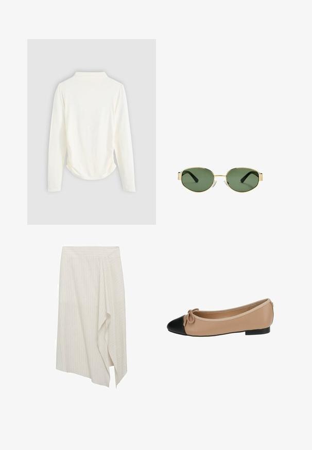 Langsleeve top in crème kleurige stof, met een lichte gathering aan de zijkanten en een klassieke kraag. Glad oppervlak, eenvoudig design.; Asymmetrische witte rok met lichte verticale strepen, gekenmerkt door een gedrapeerd ontwerp en een gladde stofstructuur. Eenvoudige tailleband, niet versierd.; Ballett balletflat van beige leer met een zwarte punt. Heeft een strikdetail aan de voorkant en een gladde textuur. Laag profiel ontwerp met een rubberen zool.; Gouden metalen montuur zonnebril met groene getinte lenzen, ovale vorm, zwarte pootjes en doorzichtige neuspads. Strak, minimalistisch ontwerp.