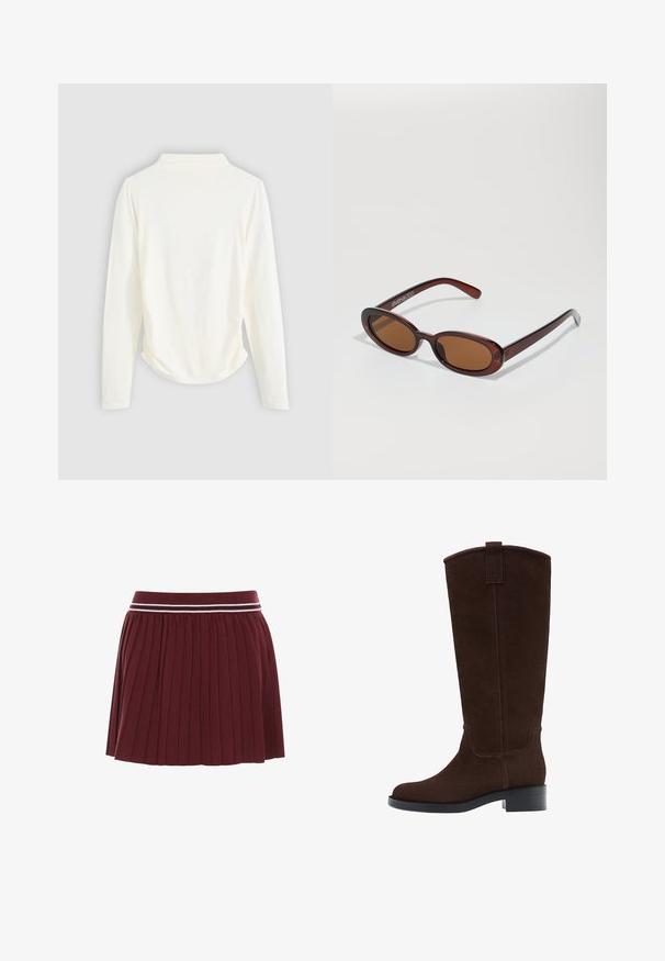 Haut à manches longues en tissu couleur crème, avec un léger rassemblement sur les côtés et un col classique. Texture lisse, design simple.; Jupe plissée bordeaux avec une taille en tricot comportant une bande blanche et bordeaux foncé. Texture douce, longueur courte.; Bottes en suède marron, hautes jusqu'au genou, avec un bout rond, des coutures discrètes et un petit talon carré ; elles sont dotées d'une lanière à l'arrière pour faciliter l'enfilage.; Lunettes de soleil rondes teinte brun avec une monture bordeaux brillante. Branches fines avec un détail de marque subtil. Design de verres plats.; Sac à main en cuir tissé marron avec une forme triangulaire et souple. Il possède une poignée tressée et une fermeture éclair sur le dessus.