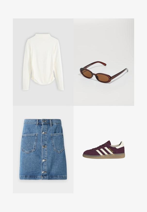 Maglietta a maniche lunghe in tessuto color crema, con una leggera arricciatura sui lati e un colletto classico. Texture liscia, design semplice.; Gonna in denim di un azzurro chiaro, con chiusura a bottoni frontale, due tasche applicate e una linea dritta. Il tessuto ha una texture classica.; Sneaker in camoscio bordeaux con tre strisce bianche e accenti beige. Presenta una suola in gomma testurizzata e un marchio dorato sul lato.; Occhiali da sole rotondi con tonalità marrone, montatura lucida color bordeaux. Aste sottili con un sottile dettaglio del marchio. Design delle lenti piatte.; Borsa a tracolla in pelle intrecciata marrone con una forma triangolare morbida. Presenta una maniglia intrecciata e una chiusura con zip lungo la parte superiore.
