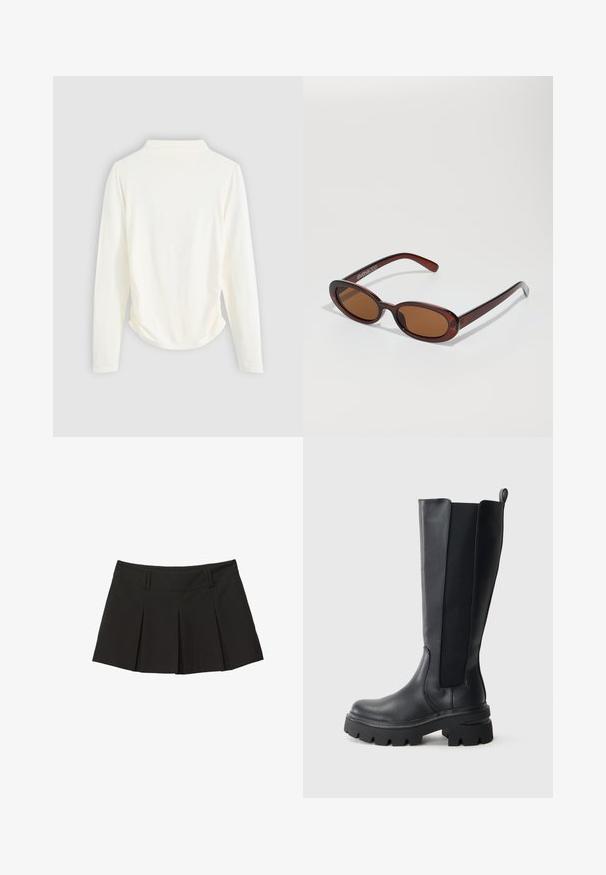 Pitkähihainen paita vaaleassa kankaassa, jossa on lievää kerääntymistä sivuilla ja klassinen kaulus. Sujuva rakenne, yksinkertainen muotoilu.; Mustapleated-hame, jossa on istuva vyötärö ja pehmeä kangas. Muotoiltu etupleettien avulla lisämuodon ja tyylin vuoksi.; Musta polvipituinen saappaat, joissa on sileä nahkapinta ja erottuvat elastiset sivupaneelit. Röyheä kumipohja, jossa on voimakkaat urat.; Pyöreät, ruskehtavat aurinkolasit, joissa on kiiltävä burgundinpunainen runko. Kapeat sivut, joissa on hienovarainen brändäys. Litteät linssit.; Kudottu viininpunainen nahkalaukku, jonka muoto on pyöreä, paksu kahva ja vetoketjulla suljettava aukko. Ominaisuuksiin kuuluu sileä pinta ja kudottu kuvio.