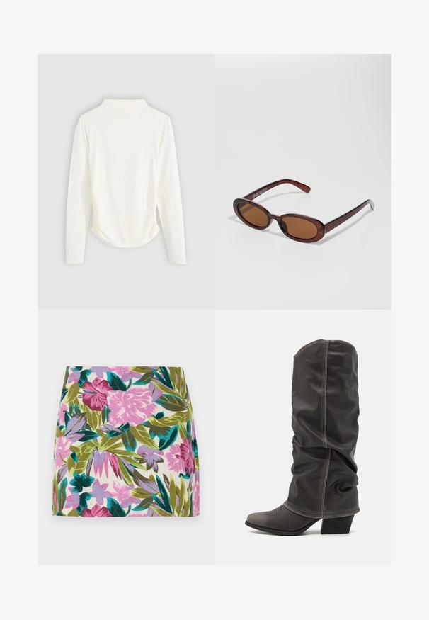 Dolgimi rokavi v kremni barvi, z rahlim nabiranjem ob straneh in klasičnim ovratnikom. Gladka tekstura, preprost dizajn.; Mini krilo s cvetličnim vzorcem, ki prikazuje svetlo roza in sivke cvetje z zelenimi in modrimi listi, izdelano iz lahkega materiala.; Sivi usnjeni škornji do meč, z ohlapnim dizajnom, koničastim nosom in plitkim podplatom. Opazna šivana detajla na področju prstov.; Okrogle, rjavo obarvane sončne naočare z sijočim burgundskim okvirjem. Tanek nosilec s subtilnim logotipom. Oblika leč je ravna.; Tkanovina burgujske usnjene torbe z zaobljeno telo, debelim ročajem in zadrgo. Ima gladko teksturo in prepleteno vzorčenje.