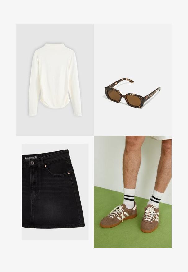 Dolgimi rokavi v kremni barvi, z rahlim nabiranjem ob straneh in klasičnim ovratnikom. Gladka tekstura, preprost dizajn.; Črna denim krila z visokim pasom, ki ima sprednji žep, bakrene zakovice in ravno krojenje. Tkanina ima gladko teksturo.; Rjavi semiš športni čevlji z belimi detajli in vezalkami. Gumijast podplat. Nošeni z belimi nogavicami z črnimi črtami. Zelena teksturirana talna obloga.; Sončna očala iz kornjačine s poudarjenim, okroglim okvirjem in rjavimi lečami. Imajo subtilne vzorce in ravne, zožene ročke.; Rjava zamskasta torbica z dolgimi resicami, ukrivljenim oblikovanjem in enim naramnim trakom. Ima gladko, teksturirano površino.