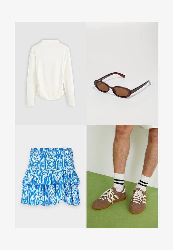 Dugi rukav s majicom od boje krem, s blagim nabráním sa strane i klasičnim ovratnikom. Glatka tekstura, jednostavan dizajn.; Plava i bijela suknja s uzorkom, s naboranim strukom, slojevitom volanastom rubom i laganom tkaninom. Ima dizajn u stilu ikata.; Smeđe nubuk tenisice s bijelim detaljima i vezicama. Gumeni potplat. Nosene s bijelim čarapama s crnim prugama. Zeleno teksturirano pod.; Okvir okruglih, smeđkastih sunčanih naočala s sjajnim burgundskim okvirom. Uski nositelji s suptilnim brendiranjem. Ravna leća.; Smeškan smeđi kožni torbica u obliku trokuta. Ima pletenu ručku i patentni zatvarač na vrhu.