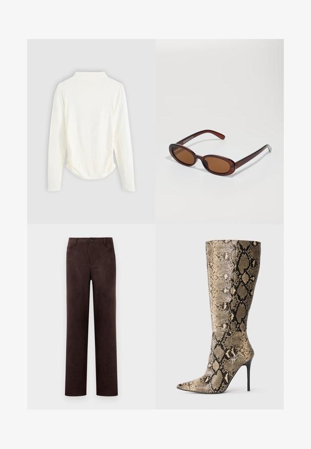 Haut à manches longues en tissu couleur crème, avec un léger rassemblement sur les côtés et un col classique. Texture lisse, design simple.; Pantalons en suède marron foncé à jambes droites avec fermeture à bouton et zip à l'avant, passants de ceinture et poches latérales.; Botte stiletto jusqu'au genou avec un bout pointu et un motif serpent beige-noir, présentée de côté sur fond uni.; Lunettes de soleil rondes teinte brun avec une monture bordeaux brillante. Branches fines avec un détail de marque subtil. Design de verres plats.; Sac à main bordeaux tissé de forme arrondie et muni d'une poignée unique, avec une surface texturée et une fermeture à cordon élastique.