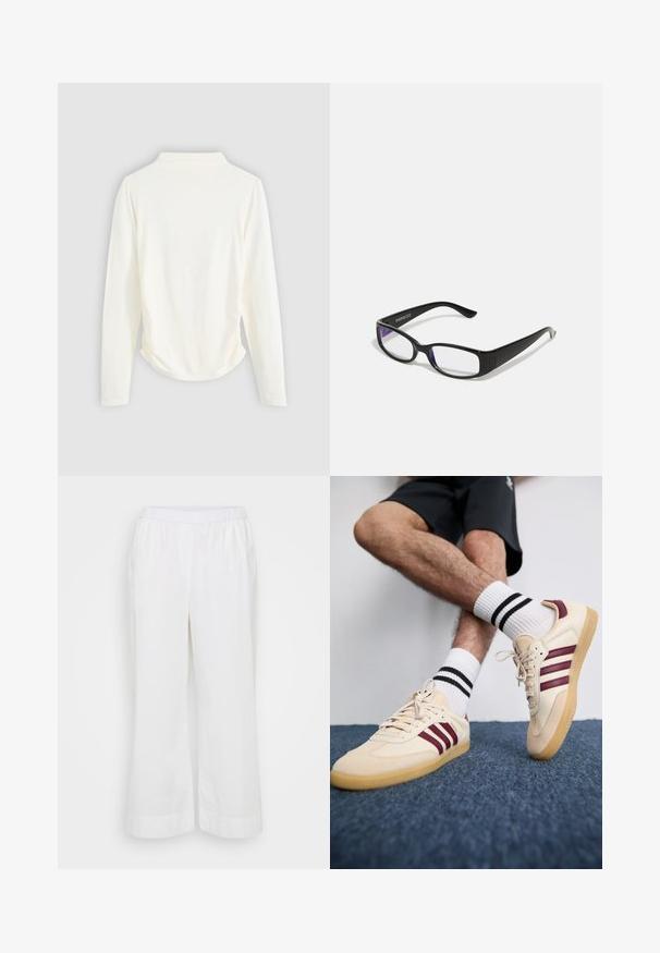 Langsleeve top in crème kleurige stof, met een lichte gathering aan de zijkanten en een klassieke kraag. Glad oppervlak, eenvoudig design.; Witte, wijdvallende broeken gemaakt van een lichtgewicht materiaal. Voorzien van een elastische tailleband en zijzakken, met een gladde, matte textuur.; Beige sneakers met bordeauxrode strepen, een gestructureerde bovenkant en een gumrubberen zool, gecombineerd met geribde witte sokken met zwarte strepen.; Zwarte rechthoekige bril met heldere glazen. Glanzende afwerking, smalle veren en paarse tint zichtbaar aan de randen van de glazen.