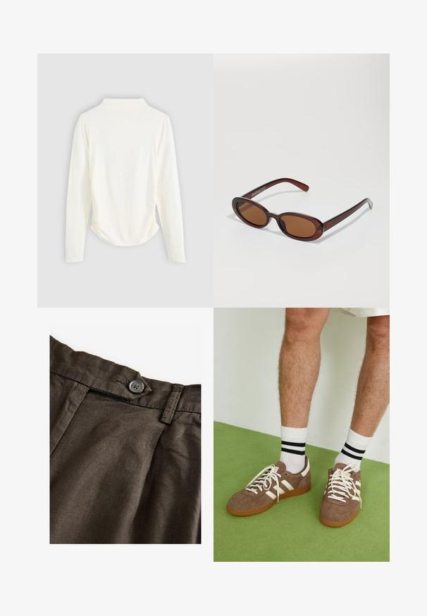 Maglietta a maniche lunghe in tessuto color crema, con una leggera arricciatura sui lati e un colletto classico. Texture liscia, design semplice.; Pantaloni in lino marrone con chiusura a bottone, pieghe frontali e tessuto testurizzato. La vita è strutturata con cuciture visibili.; Sneaker in suede marrone con dettagli e lacci bianchi. Suola in gomma color gomma. Indossati con calzini bianchi con righe nere. Pavimento verde texturizzato.; Occhiali da sole rotondi con tonalità marrone, montatura lucida color bordeaux. Aste sottili con un sottile dettaglio del marchio. Design delle lenti piatte.; Borsa a tracolla in pelle intrecciata marrone con una forma triangolare morbida. Presenta una maniglia intrecciata e una chiusura con zip lungo la parte superiore.