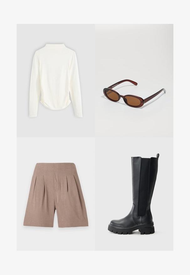 Long-sleeve top in cream-colored fabric, featuring a slight gathering at the sides and a classic collar. Smooth texture, simple design.; Brown pleated shorts made from a lightweight material, featuring a smooth texture and a tailored fit, with a clean, minimalist design.; Black knee-high boots featuring a smooth leather exterior and contrasting elastic side panels. Chunky rubber sole with pronounced tread.; Round, brown-tinted sunglasses with a glossy burgundy frame. Slim arms with subtle branding detail. Flat lens design.; Woven burgundy leather handbag with a rounded body, thick handle, and zippered opening. Features a smooth texture and interlaced pattern.