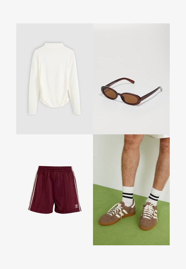 Halenka s dlouhým rukávem v krémové barvě, s mírným řasením po stranách a klasickým límcem. Hladká textura, jednoduchý design.; Bordové sportovní šortky s elastickým pasem, třemi bílými pruhy na každé straně a malým bílým logem Adidas na dolním levém okraji.; Hnědé semišové tenisky s bílými akcenty a tkaničkami. Gumová podrážka. Nošeny s bílými ponožkami s černými pruhy. Zelená strukturovaná podlaha.; Kulaté sluneční brýle hnědé barvy s lesklým burgundským rámem. Úzké nožičky s jemným logem. Rovné čočky.; Hnědá pletená kožená kabelka s uvolněným trojúhelníkovým tvarem. Disponuje spleteným uchem a zipovým uzavíráním na vrchu.