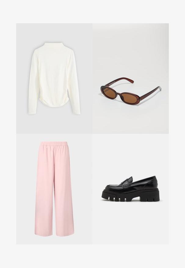 Long-sleeve top in cream-colored fabric, featuring a slight gathering at the sides and a classic collar. Smooth texture, simple design.; Pink wide-leg pants with an elastic waistband and smooth texture, featuring a loose fit and straight cut from waist to hem.; Black leather loafers with a chunky textured platform sole and a decorative strap across the upper. Smooth, glossy finish.; Round, brown-tinted sunglasses with a glossy burgundy frame. Slim arms with subtle branding detail. Flat lens design.; Brown woven leather handbag with a slouchy, triangular shape. Features a braided handle and a zipper closure along the top.