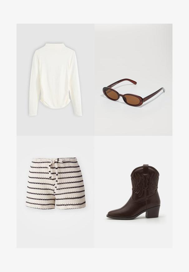Langærmet top i cremet stof med let samling i siderne og klassisk krave. Glat tekstur, enkelt design.; Strikkede shorts i creme med sorte striber. Har en elastisk talje med snøre og et tekstureret stof. Kort længde, afslappet design.; Brune læder cowboystøvler med spidse tæer, præget vinge mønster, en midhøj blokhæl og en pull-tab bagpå.; Runde, bruntonede solbriller med en glansfuld bordeauxramme. Slanke arme med diskret brandingdetalje. Flad linsedesign.