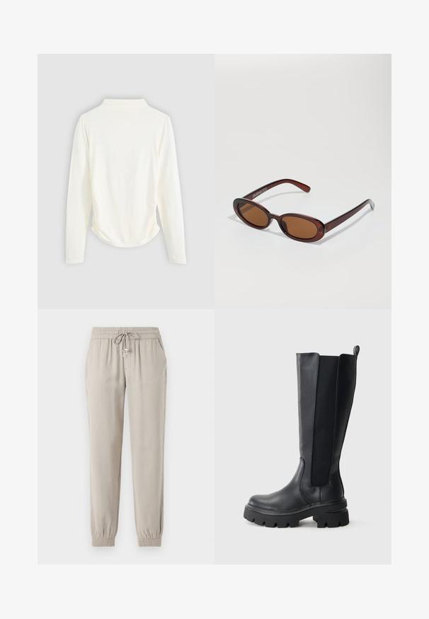 Top de manga larga en tejido color crema, con un ligero fruncido a los lados y un cuello clásico. Textura suave, diseño sencillo.; Pantalones jogger color beige claro hechos de una tela suave, con una cintura elástica y cordón, bolsillos laterales y puños elásticos.; Botas negras hasta la rodilla con un exterior de cuero suave y paneles laterales de elastano en contraste. Suela de goma gruesa con un dibujo pronunciado.; Gafas de sol redondas con tinte marrón y un marco burdeos brillante. Patillas delgadas con un sutil detalle de marca. Diseño de lentes planos.; Bolso de mano de cuero burdeos trenzado con un cuerpo redondeado, asa gruesa y abertura con cremallera. Presenta una textura suave y un patrón entrelazado.