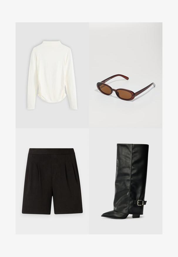 Hosszú ujjú felső krém színű anyagból, enyhe redőzéssel az oldalakon és klasszikus gallérral. Sima textúra, egyszerű kialakítás.; Fekete rövidnadrág, puha anyagból, sima textúrával, elasztikus derékkal és plisszírozott elülső kialakítással. Egyszerű és díszítés nélküli.; Fekete bőr bokáig érő csizmák hegyes orral, sima felülettel és ezüst csattal az oldalon. Tömbös négyzet alakú sarok.; Kerek, barna árnyalatú napszemüveg fényes burgundi kerettel. Karcsú karok diszkrét márkázással. Lapos lencse kialakítás.