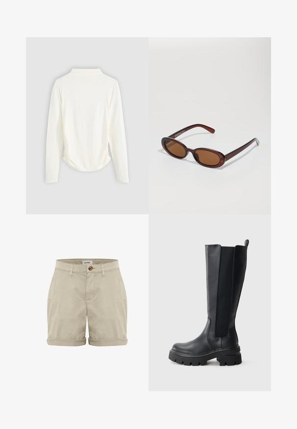Długi rękaw w kremowym kolorze, z delikatnym marszczeniem po bokach i klasycznym kołnierzykiem. Gładka tekstura, prosty design.; Beżowe bawełniane szorty z podwiniętym dołem, z zapięciem na guzik z przodu oraz wszytymi kieszeniami. Gładka faktura z minimalnym wykończeniem.; Czarne kozaki za kolano z gładkiej skórzanej powierzchni i kontrastującymi elastycznymi panelami bocznymi. Gruba gumowa podeszwa z wyraźnym bieżnikiem.; Okrągłe, brązowe okulary przeciwsłoneczne z błyszczącą bordową oprawą. Cienkie ramiona z subtelnym detalem marki. Płaski kształt soczewek.; Wielokolorowa torba skórzana w kolorze burgundowym, o zaokrąglonym kształcie, z grubym uchwytem i zamknięciem na zamek. Charakteryzuje się gładką teksturą oraz plecionym wzorem.