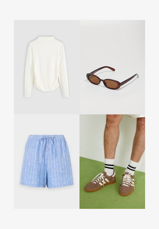 Dolgimi rokavi v kremni barvi, z rahlim nabiranjem ob straneh in klasičnim ovratnikom. Gladka tekstura, preprost dizajn.; Svijetloplave lanene kratke hlače s bijelim vertikalnim prugama, elastičnom čašom i vezicom sprijeda.; Rjavi semiš športni čevlji z belimi detajli in vezalkami. Gumijast podplat. Nošeni z belimi nogavicami z črnimi črtami. Zelena teksturirana talna obloga.; Okrogle, rjavo obarvane sončne naočare z sijočim burgundskim okvirjem. Tanek nosilec s subtilnim logotipom. Oblika leč je ravna.; Rjava tkana usnjena torbica s sproščenim, trikotnim oblikovanjem. Ima pleten ročaj in zadrgo na vrhu.