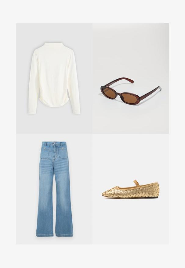 Langsleeve top in crème kleurige stof, met een lichte gathering aan de zijkanten en een klassieke kraag. Glad oppervlak, eenvoudig design.; Lichtblauwe denim jeans met een wijd pootontwerp, voorzien van twee voorkruipzakken en twee achterzakken, afgewerkt met een ruwe zoom en knoopsluiting.; Loeffler Randall LEONIE SOFT BALLET FLAT - Ballerina's met enkelbandjes - gold; Ronde, bruin getinte zonnebril met een glanzend bordeauxrood frame. Slanke pootjes met subtiele merkdetails. Vlakke lensontwerp.; Bruine suède hobo tas met een slouchy vorm, voorzien van een gebogen handvat en driehoekige paneeldetails aan de voor- en achterkant.