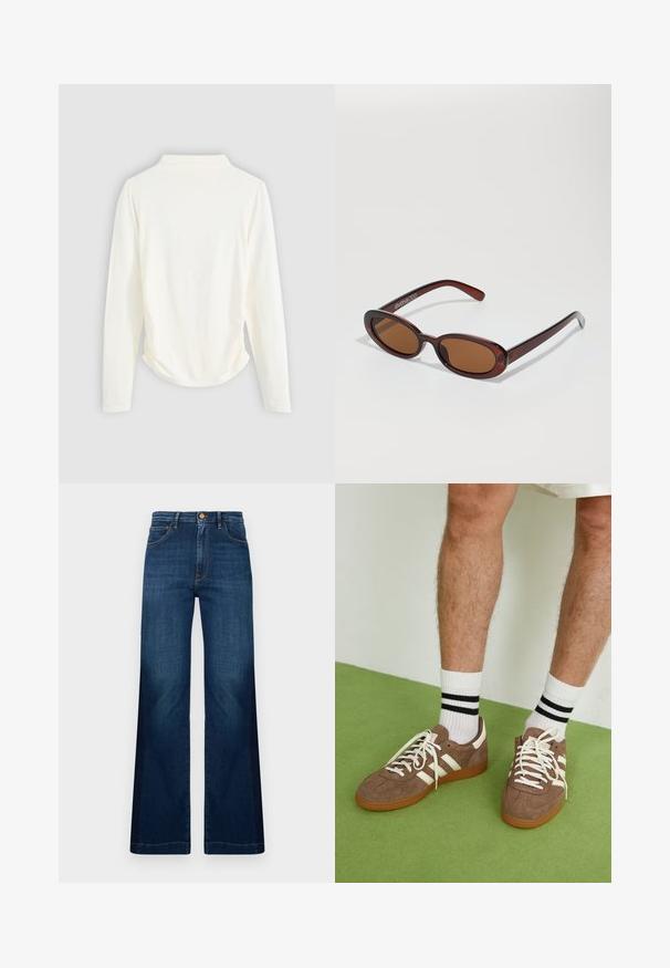 Ilgaapykaklė viršutinė dalis, pagaminta iš krem-color audinio, su nedidelėmis raukšlėmis šonuose ir klasikiniu apykaklės dizainu. Lygi tekstūra, paprastas dizainas.; Plati kojinės tamsiai mėlynos džinsinės kelnės, pasiūtos iš džinsinio audinio, su aukštu liemeniu, priekinėmis kišenėmis ir kontrastingomis oranžinėmis siūlėmis.; Rudoni veršiai sportbačiai su baltais akcentais ir raišteliais. Gumos padu. Dėvimi su baltais kojinėmis, turinčiomis juodas juostas. Žalios tekstūruotos grindys.; APvalūs, rudos spalvos saulės akiniai su blizgia burgundinės spalvos rėmeliu. Plonos šakutės su subtiliu ženklinimu. Lygus objektyvo dizainas.; Austinta bordo spalvota odinė rankinė su apvalia forma, storu rankenu ir užtrauktuku. Turinti lygų paviršių ir persipynusį raštą.