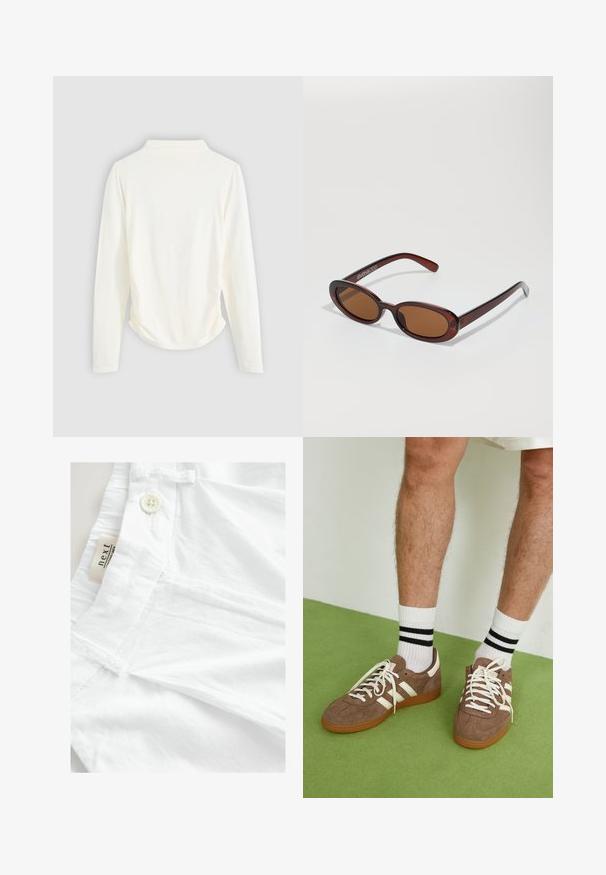 Hosszú ujjú felső krém színű anyagból, enyhe redőzéssel az oldalakon és klasszikus gallérral. Sima textúra, egyszerű kialakítás.; Fehér vászont nadrág sima textúrával, gombos záródással és varrott darts-kal. Címke mutatja a "next" márkanevet.; Barna velúr sportcipő fehér díszítéssel és fűzővel. Gumi talp. Fehér zoknival viselve, fekete csíkokkal. Zöld, textúrázott padló.; Kerek, barna árnyalatú napszemüveg fényes burgundi kerettel. Karcsú karok diszkrét márkázással. Lapos lencse kialakítás.; Barna szőtt bőr kézitáska, amely laza, háromszög alakú. Fonott füllel és felső cipzárral rendelkezik.