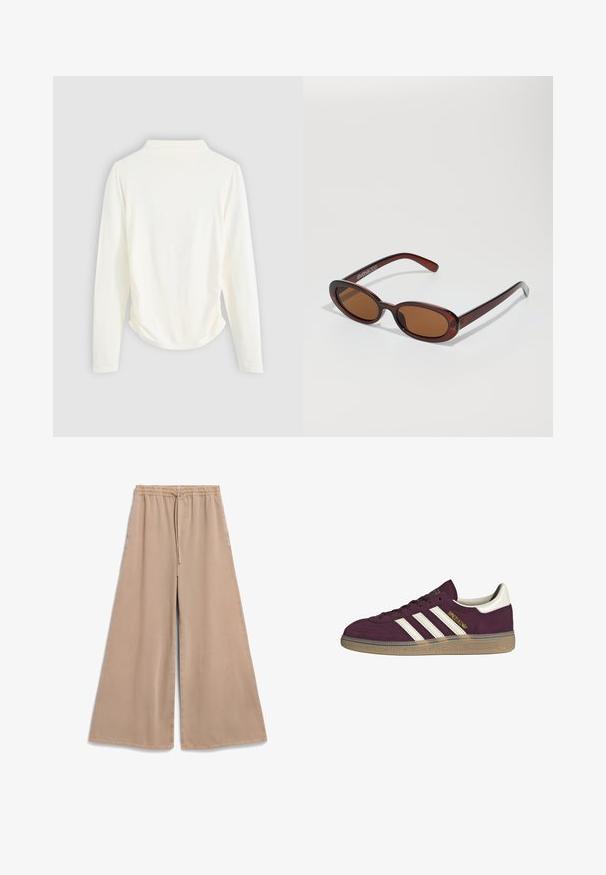Long-sleeve top in cream-colored fabric, featuring a slight gathering at the sides and a classic collar. Smooth texture, simple design.; Beige wide-leg pants with an elastic waistband and drawstring. Soft fabric, smooth texture, and a relaxed fit with side pockets.; Maroon suede sneaker with white three stripes and beige accents. Features a textured rubber sole and gold branding on the side.; Round, brown-tinted sunglasses with a glossy burgundy frame. Slim arms with subtle branding detail. Flat lens design.; Brown woven leather handbag with a slouchy, triangular shape. Features a braided handle and a zipper closure along the top.