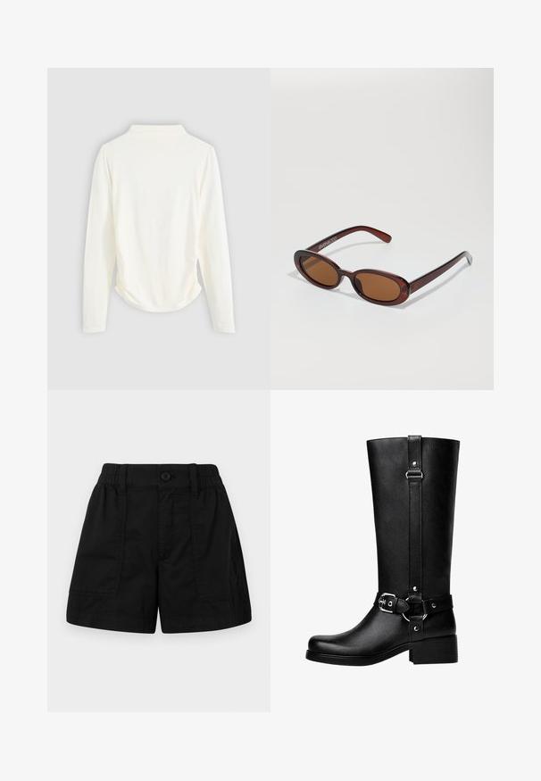 Langærmet top i cremet stof med let samling i siderne og klassisk krave. Glat tekstur, enkelt design.; Sorte bomulds shorts med elastisk talje og knaplukning, der har to forlommer og en lige pasform. Glat tekstur.; Høje sorte faux læder støvler med rund tå, accentbælte-spænde detaljer og en kraftig hæl. Glat tekstur og lodret søm på skaftet.; Runde, bruntonede solbriller med en glansfuld bordeauxramme. Slanke arme med diskret brandingdetalje. Flad linsedesign.; Brun vævet læderhandbag med en slasket, trekantet form. Har et flettet håndtag og en lynlåslukning langs toppen.