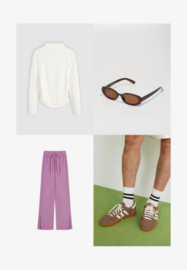 Langsleeve top in crème kleurige stof, met een lichte gathering aan de zijkanten en een klassieke kraag. Glad oppervlak, eenvoudig design.; Licht paarse, wijde broek gemaakt van een zachte stof met een elastische tailleband en een trekkoord; heeft zijsplitten aan de onderkant.; Bruine suède sneakers met witte accenten en veters. Rubberen gumzool. Draag met witte sokken met zwarte strepen. Groene gestructureerde vloer.; Ronde, bruin getinte zonnebril met een glanzend bordeauxrood frame. Slanke pootjes met subtiele merkdetails. Vlakke lensontwerp.; Bruine geweven leren handtas met een slonzig, driehoekig model. Voorzien van een gevlochten handvat en een ritssluiting aan de bovenkant.