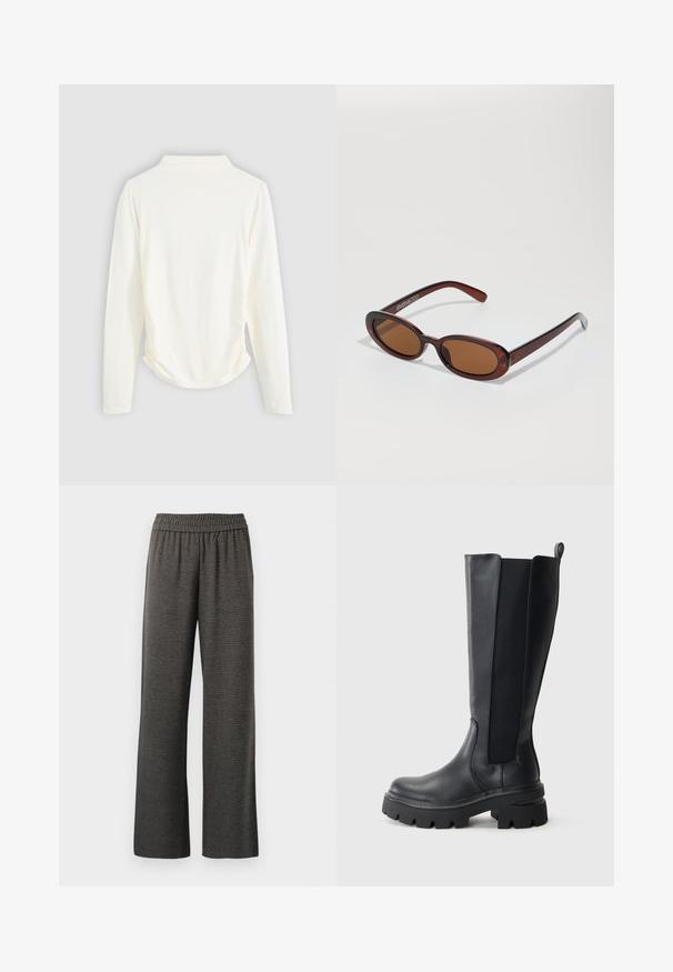 Halenka s dlouhým rukávem v krémové barvě, s mírným řasením po stranách a klasickým límcem. Hladká textura, jednoduchý design.; Šedé kalhoty s širokými nohavicemi vyrobené z texturované tkaniny, s elastickým pasem a bez kapes, navržené pro pohodlí a snadný pohyb.; Černé kozačky po kolena s hladkým koženým povrchem a kontrastními elastickými bočními panely. Robustní gumová podrážka s výrazným vzorkem.; Kulaté sluneční brýle hnědé barvy s lesklým burgundským rámem. Úzké nožičky s jemným logem. Rovné čočky.; Tkaná vínová kožená kabelka s kulatým tělem, silným uchopem a zipovým otvorem. Disponuje hladkou texturou a propleteným vzorem.