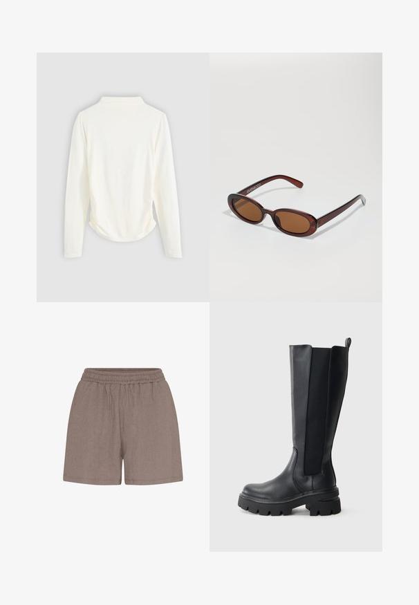 Langsleeve top in crème kleurige stof, met een lichte gathering aan de zijkanten en een klassieke kraag. Glad oppervlak, eenvoudig design.; Bruine, gestructureerde shorts met een elastische tailleband. Heeft een relaxed fit en een eenvoudige uitvoering, geschikt voor casual wear.; Zwarte laarzen tot de knie met een gladde leren buitenkant en contrasterende elastische zijkanten. Stevige rubberen zool met een uitgesproken profiel.; Ronde, bruin getinte zonnebril met een glanzend bordeauxrood frame. Slanke pootjes met subtiele merkdetails. Vlakke lensontwerp.; Geweven bordeaux leren handtas met een ronde vorm, dikke handgreep en ritssluiting. Heeft een gladde textuur en een geweven patroon.