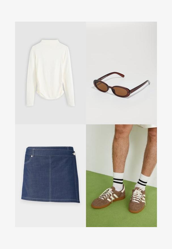 Langsleeve top in crème kleurige stof, met een lichte gathering aan de zijkanten en een klassieke kraag. Glad oppervlak, eenvoudig design.; Denim mini-rok in donkerblauw met witte stiksels, voorzien van een enkele voorzak en een metalen knoopsluiting bij de tailleband.; Bruine suède sneakers met witte accenten en veters. Rubberen gumzool. Draag met witte sokken met zwarte strepen. Groene gestructureerde vloer.; Ronde, bruin getinte zonnebril met een glanzend bordeauxrood frame. Slanke pootjes met subtiele merkdetails. Vlakke lensontwerp.; Bruine geweven leren handtas met een slonzig, driehoekig model. Voorzien van een gevlochten handvat en een ritssluiting aan de bovenkant.