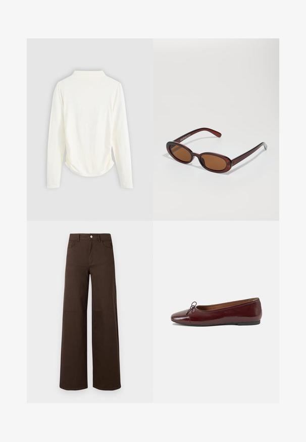 Bluză cu mânecă lungă dintr-un material de culoare crem, cu o ușoară adunare pe laterale și un guler clasic. Textură netedă, design simplu.; Pantaloni largi maro, confecționați dintr-un material durabil, cu închidere prin buton și design clasic cu cinci buzunare. Textură netedă, cu detalii minimale.; Balerini din piele patent burgund cu vârful rotund, accent de fundiță mică în față și talpă joasă din cauciuc negru. Textură netedă.; Ochelari de soare rotunzi, cu nuanțe de brown și cu un cadru lucios de burgund. Brațe subțiri cu detalii subtile de branding. Design cu lentile plate.