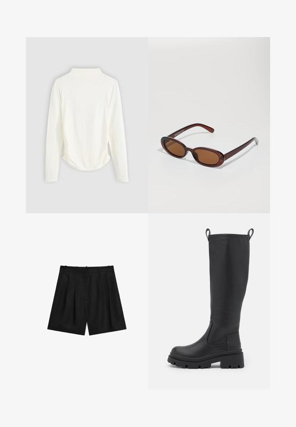 Long-sleeve top in cream-colored fabric, featuring a slight gathering at the sides and a classic collar. Smooth texture, simple design.; Black tailored shorts made of a smooth, lightweight fabric. Features pleats, two side pockets, and a clean waistband design.; Black knee-high boot made of smooth leather with a chunky sole and slight heel. Features pull tabs and elastic side panels for easy wear.; Round, brown-tinted sunglasses with a glossy burgundy frame. Slim arms with subtle branding detail. Flat lens design.