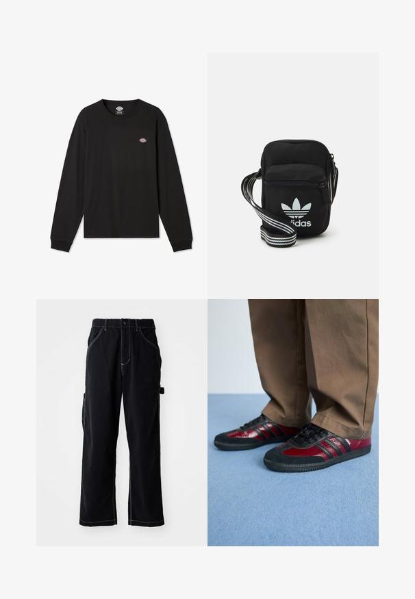 Čierny dlhý rukáv, tričko z bavlny, s malým viacfarebným logom Dickies na ľavej hrudi a ribbovanými manžetami.; Čierne cargo nohavice s voľným strihom, ktoré majú pás na šnúrku, bočné vrecká a kontrastné biele švy.; Čierne a vínové športové topánky z kože a semišu, s čiernymi šnúrkami a tromi čiernymi pruhmi na boku. Gumená podrážka.; Čierna textilná crossbody taška so zipsovým uzáverom, ktorá má biele logo Adidas a pruhovaný nastaviteľný popruh pre jednoduché nosenie.