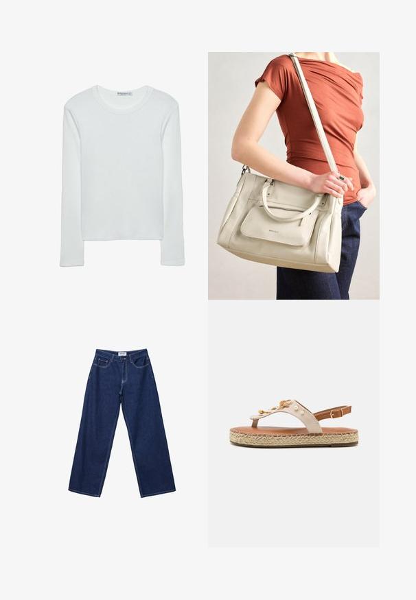 Weißes Langarm-T-Shirt aus geripptem Stoff mit Rundhalsausschnitt und geradem Saum. Schlichtes, einfarbiges Design.; Hellebänder aus dunkelblauem Denim mit Knopfverschluss, fünf Taschen und kontrastierenden weißen Nähten. Der Stoff hat eine glatte, leicht strukturierte Oberfläche.; Beige Sandale aus Leder mit Perlenverzierungen und einer Sohle im Espadrille-Stil. Verstellbarer Knöchelriemen und geflochtene Jute-Details auf der Plattform.; Weiße Lederhandtasche mit zwei Griffen und einem abnehmbaren Schulterriemen, ausgestattet mit einer vorderen Reißverschlusstasche und glatter Textur. Wird am Arm einer Person getragen.