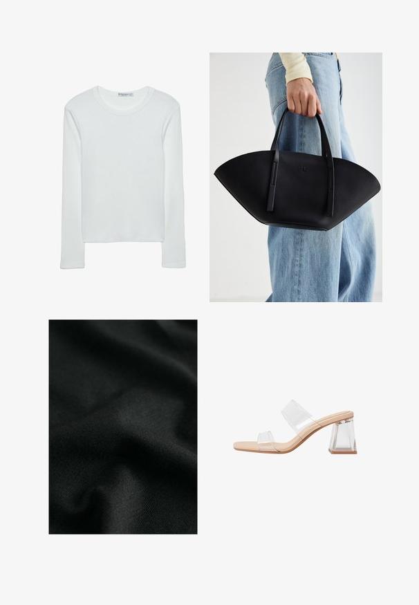 Weißes Langarm-T-Shirt aus geripptem Stoff mit Rundhalsausschnitt und geradem Saum. Schlichtes, einfarbiges Design.; Schwarzer Baumwollstoff mit einer glatten Textur, der leichte Wellen und subtile Strickmuster zeigt. Das Material bietet einen weichen, flexiblen Fall.; Transparente Sandalen mit Absatz, die zwei klare Riemen, eine beige Sohle und einen geometrischen klaren Blockabsatz aufweisen. Minimalistisches Design mit glatter Textur.; Schwarze Lederhandtasche mit einzigartiger Fächerform, ausgestattet mit flachen Griffen. Die Oberfläche hat eine genoppte Textur und ein minimalistisches Design.