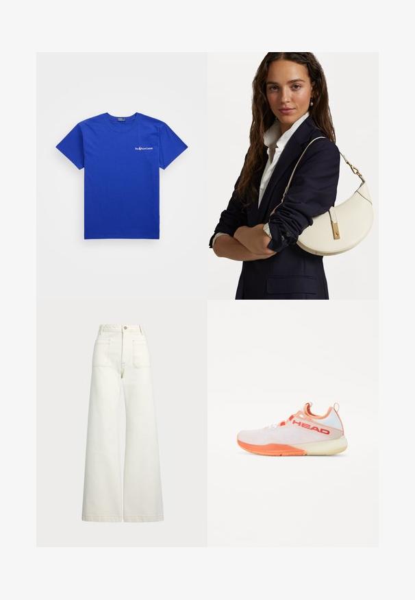 Βασιλικό μπλε βαμβακερό μπλουζάκι με στρογγυλή λαιμόκοψη, κοντά μανίκια και λευκό λογότυπο στο αριστερό στήθος. Λείος υφασμάτινος χαρακτήρας, κλασική εφαρμογή.; Πλατύ πόδια τζιν σε εκρού τζιν. Σχεδίαση με ψηλή μέση, κλείσιμο με κουμπί, δύο μπροστινές τσέπες και λεπτομέρειες με αντίθεση ραφής.; Αθλητικό παπούτσι με ελαφρύ πλέγμα λευκού και ροδακινί χρώματος, με πορτοκαλί λεπτομέρειες, υφασμάτινη σόλα και εξέχον λογότυπο μάρκας.; Λευκή δερμάτινη τσάντα με καμπύλο σχήμα, χρυσά αξεσουάρ και υφή, φορεμένη πάνω από ένα σκούρο σακάκι και λευκό πουκάμισο.