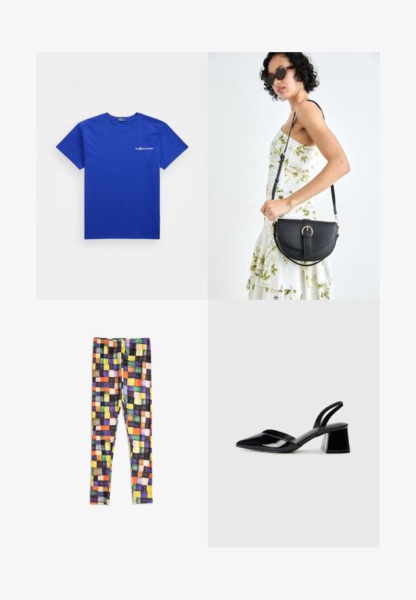 Kráľovsky modré bavlnené tričko s okrúhlym výstrihom, krátkymi rukávmi a bielym logom na ľavej strane hrudi. Hladká textúra, klasický strih.; Legíny s viacfarebným kockovaným vzorom v odtieňoch žltej, oranžovej, zelenej, fialovej, čiernej a béžovej na bielom pozadí.; Čierne lakované kožené sandálové podpätky s špicatou špičkou a geometrickým blokovým podpätkom. Disponujú elegantným, minimalistickým dizajnom a hladkým povrchom.; Čierna kožená kabelka s zaobleným tvarom, odnímateľným popruhom a zlatými doplnkami. Kabelka má klopu s detailom s prackou.