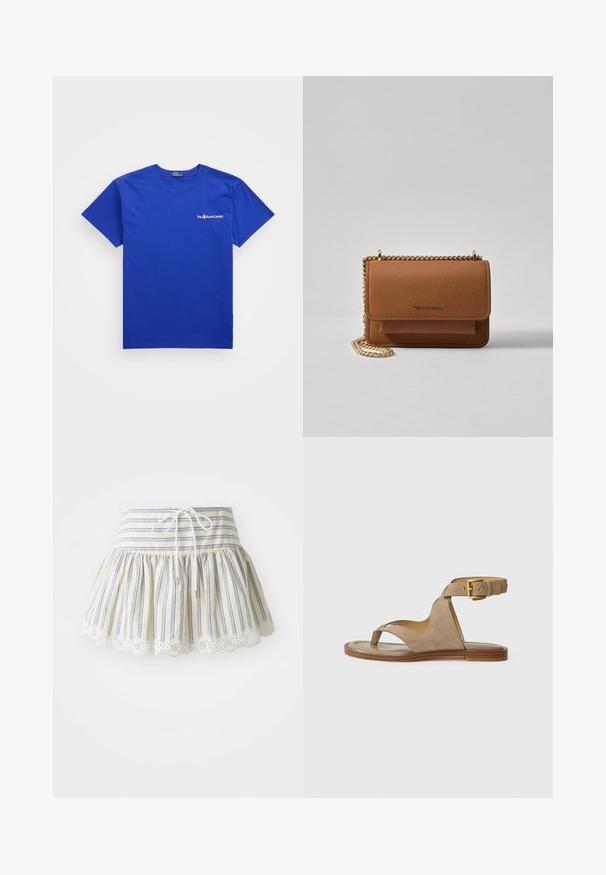 Koningblauwe katoenen T-shirt met ronde hals, korte mouwen en een wit logo op de linkerkant van de borst. Soepele textuur, klassieke pasvorm.; Gestreepte rok in geel en blauw, met een gegatherde taille met een trekkoord en kantafwerking langs de zoom. Katoenen stof.; Beige suede sandalen met een teenlus, open zijkanten en een brede enkelband met een gouden gesp. Platte bruine zool met een lichte rand.; Bruine lederen schoudertas met textuur, voorzien van een gouden kettingstrap en klepsluiting. De voorkant heeft een logo-detail en een zak onder de klep.