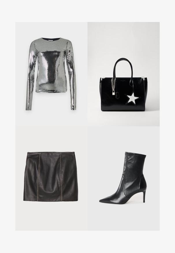 Zilveren top met lange mouwen, bedekt met kleine reflecterende pailletten, ronde halslijn, nauwsluitend ontwerp, gladde textuur, met een gelijkmatig glinsterend oppervlak.; Zwarte leren rok met gestikte paneeldetails, een rechte silhoeët en een gladde textuur. Minimalistisch ontwerp zonder hardware.; Zwarte enkelboots van soepel leer, met een spitse neus, een aangesloten schacht en een slanke hoge hak. Minimalistisch ontwerp zonder zichtbare hardware.; Zwarte lakleren handtas met een slanke vorm. Voorzien van zilveren kettinghardware, een slot en een witte steraccent aan de zijkant.